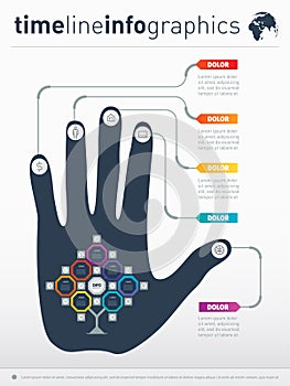 Part of the report with human hand and icons set. Business presentation concept with 7 options. Infographic of technology or