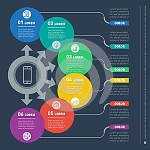 Part of the report with icons set. Vector infographic of technology or education process. Business concept with six options. Web photo