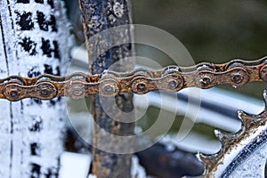 Part of a rusty chain on an old bicycle