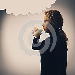 Part of series. Portrait of young woman drinking milk, doodle with copy space