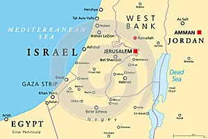 Part of the Southern District of Israel, political map, with the Gaza Strip