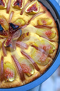 Part of tart with caramelised figs and pears with corn meal close-up photo