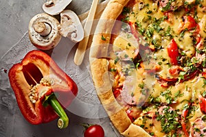 Part of tasty Italian pizza and its ingredients on white textured background.