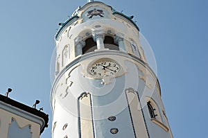 Part of the tower of blue churche in centre of Bratislava Slovakia
