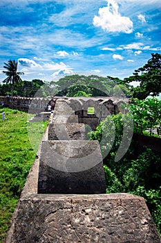 A part of the traditional red fort under the blue sky,