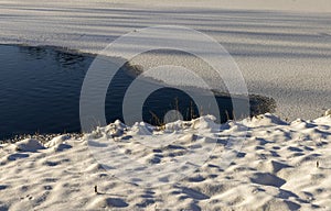 part of the unfrozen lake in winter