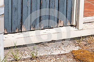 Part of an unmaintained door and frame. Paint is peeling off, rotten frame. Deferred maintenance. Brick wall