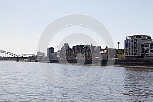 Part view on the deutzer bridge and the skyline at the rhine river in cologne germany