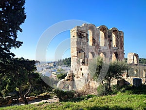 Part view of the Odeon of Herodes Atticus, as viewed from the path leading up to the slope of the Acropolis hill.