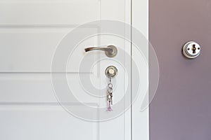 Part of white modern interior door with key in lock and metal handle