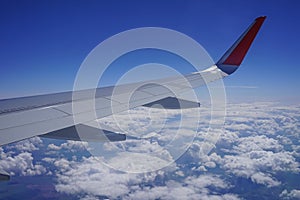 Part of the wing of a plane high in the blue sky