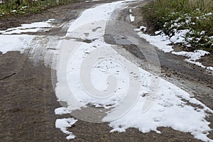 Muddy road, snow covered street in the countryside after snowfall. Winter landscape with rural road