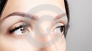 Part of woman`s face with long brown eyelashes and microblading. Female beauty portrait on a gray background. Eyelash extensions, photo