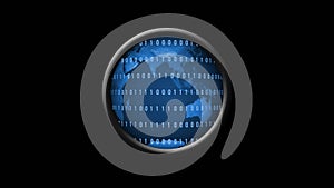 Part of the world map behind lines of binary code in a magnifying lens - isolated on black background
