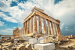 Parthenon on Acropolis, Athens, Greece. It is top landmark of Athens. Famous temple in Athens city center. Scenery of Greek ruins