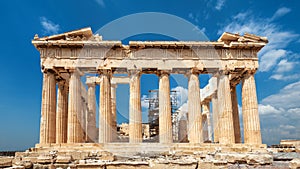 Parthenon on Acropolis, Athens, Greece. It is top landmark of Athens. Famous temple in city center. Sunny scenery of Greek ruins,