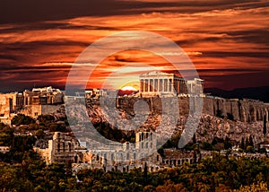 Parthenon, Acropolis of Athens, Under Dramatic Sunset sky of Greece