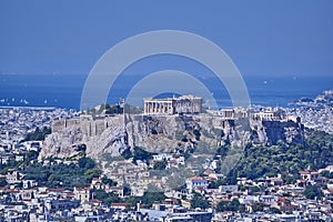 Parthenon ancient Greek temple on acropolis hill and Plaka