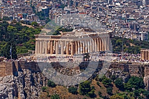 Parthenon ancient temple on acropolis of Athens, Greece, northern aerial view