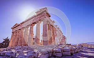 Parthenon ancient temple east façade under clear sunny sky, on Acropolis of Athens.