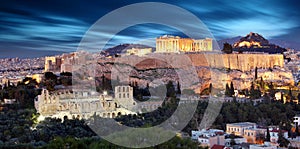 Parthenon of Athens at dusk time, Greece - long exposure