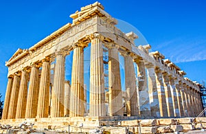 Parthenon in Athens, Greece with blue skies.