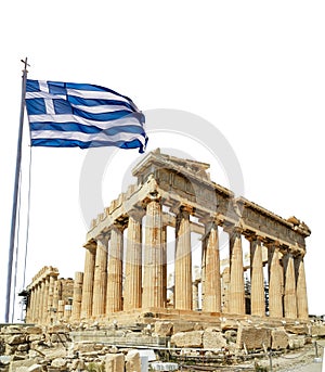 Parthenon athens greeece and greek flag waving