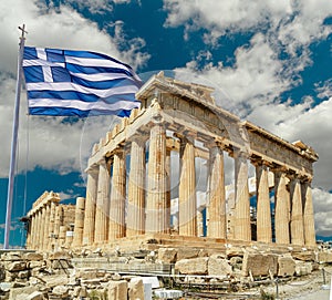 Parthenon athens greeece and greek flag waving
