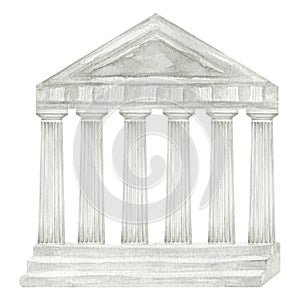 Parthenon Greece temple watercolor illustration, Greek ancient architecture, Acropolis Citadel Athens building, Column
