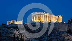 Parthenon at night, Athens, Greece. It is a top landmark of Athens. Famous old temple on Acropolis hill in evening