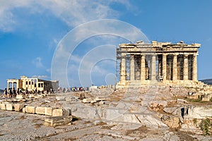 Parthenon temple and the Erechtheion temple or Erechtheum with the figures of Caryatids at the archaeological site of Acropolis