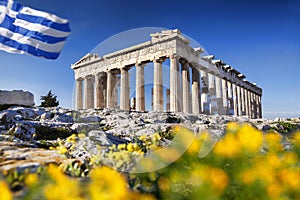 Parthenon temple with spring flowers on the Acropolis in Athens