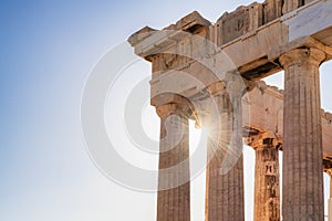 The Parthenon temple at sunrise in Athens, Greece.