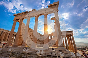 Parthenon temple on a sunset. Ancient greek history.  Parthenon on the hill of the Acropolis, Athens, Greece, Europe