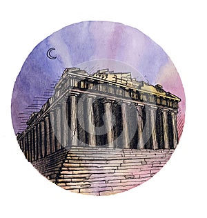 The Parthenon temple watercolor hand drawing, famous arhitectural buillding isolated