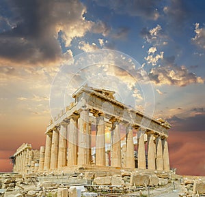 Partheon athens greece sunset clouds sun