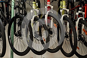 Partial of different modern bikes in bike shop