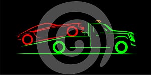 Partial loading tow truck simple side view schematic image on black background