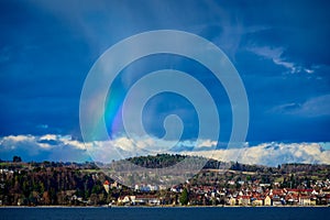 Partial rainbow over the city