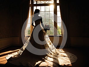 Partial silhouette of a bride holding a bouquet of flowers