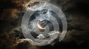 Partial Solar Eclipse Dark Clouds Crescent Sun