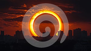 Partial Solar Eclipse Over City Skyline at Sunset