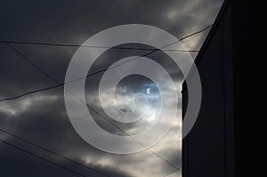 Partial solar eclipse viewed under cloudy skies