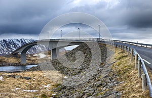 Partial View of Ascending Famous and Renowned Fredvang Bridge in Norway at Lofoten Islands