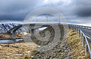 Partial View of Ascending Famous and Renowned Fredvang Bridge in Norway at Lofoten Islands photo