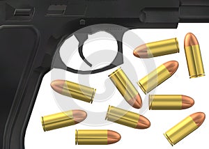 A partial view of a black pistol with some pistol parabellum bullet rounds