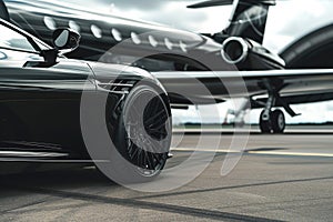 Partial view of a black super sports car in the foreground and a luxury black jet in the background on the runways of an airport.