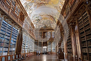 Partial view of bookshelves and ceiling fresco, Philosophical Hall, Strahov Monastery Library, Praque photo