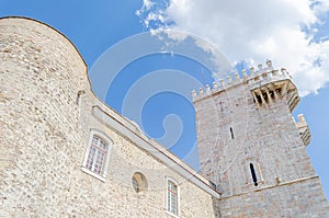 Partial view of the Castle with tower built with marble in the medieval town of Estremoz, Alentejo region. Portugal