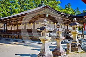 Partial View of Danjo Garan Sacred Temple with Line of Traditional Lanterns at Mount Koya in Japan